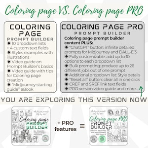 Coloring page prompt builder has basic and PRO version Prompts for Midjourney and Dall-E 3 customizable prompt builder character reference style reference text fields