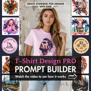 Può includere: Una donna indossa una maglietta rosa chiaro con un ritratto grafico. L'immagine include esempi di design, tra cui un girasole, un pesce e una scena di spiaggia. Il testo recita "T-Shirt Design PRO PROMPT BUILDER".