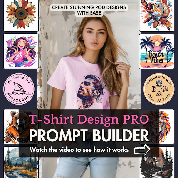 T-Shirt Design Prompt Builder PRO Midjourney prompt guide sublimation pod vector graphic typography Dall-E ChatGPT integration Google Sheet