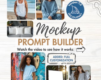 Mockup Prompt Builder Midjourney prompt tool create T-shirt sweatshirt pillow mug wall art interior photo product placement Google sheets
