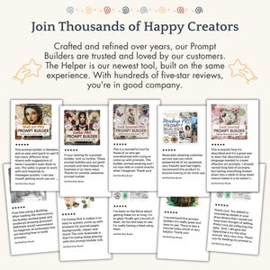 May include: A promotional graphic titled Join Thousands of Happy Creators featuring text about Prompt Builders and The Helper. Below are five product cards for Wall Art, Gothic, Junk Journal, Mockup, and Junk Journal PRO Prompt Builders.