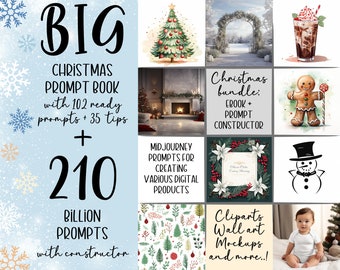 BIG Christmas prompt book Midjourney prompt generator guide AI prompts bundle for Christmas clipart wall art stickers mockup Passive income