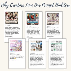 May include: A digital display titled Why Creators Love Our Prompt Builders featuring six rectangular product cards. Each card showcases a specific PRO Prompt Builder tool, including Gothic, Holiday, Junk Journal, Patterns, Mockup, and Coloring page versions.