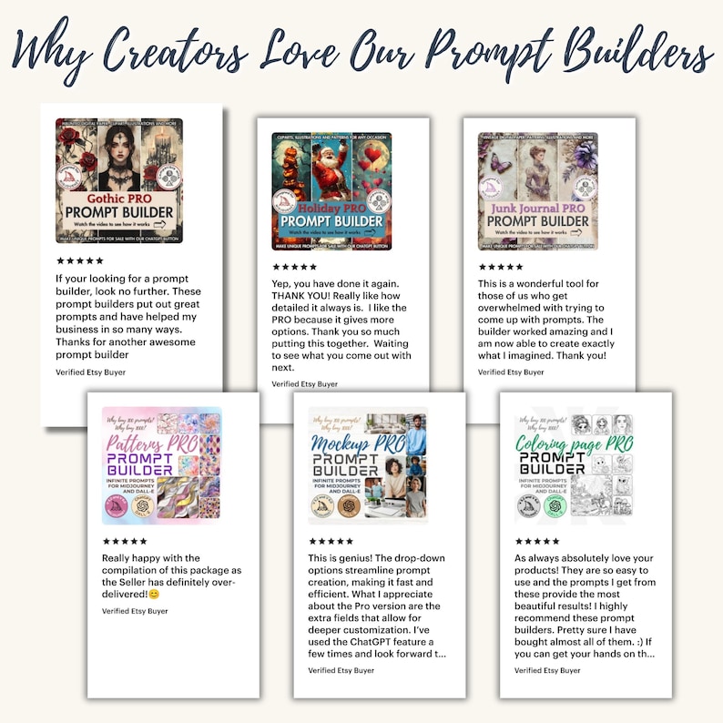 May include: A digital display titled Why Creators Love Our Prompt Builders featuring six rectangular product cards. Each card showcases a specific PRO Prompt Builder tool, including Gothic, Holiday, Junk Journal, Patterns, Mockup, and Coloring page versions.