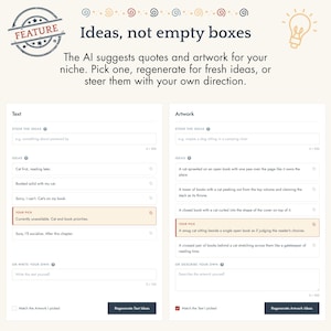 May include: A digital interface featuring the heading Ideas, not empty boxes. Two columns labeled Text and Artwork display AI-generated suggestions. The Text column lists cat-themed quotes, while the Artwork column lists cat-themed visual concepts with selection boxes.