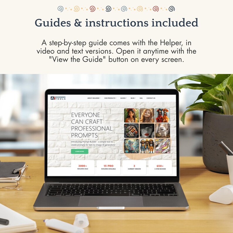 May include: A laptop screen displaying a website titled Everyone Can Craft Professional Prompts with a grid of nine colorful images. Above the screen, text reads Guides & instructions included and mentions a step-by-step guide.