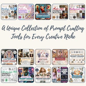 May include: A digital collection of prompt builder tools for AI image generation, featuring fifteen distinct squares labeled Mockup, Patterns, Holiday, Photo, Background, Cross Stitch, Academia, Junk Journal, Wall Art, Icon & Logo, Coloring page, Fantasy, Character 2.0, T-Shirt Design, and Clipart PRO.