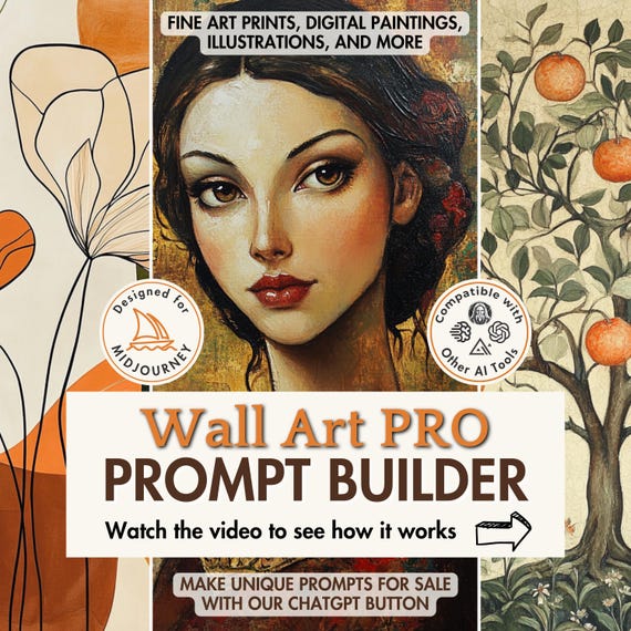 Wall Art Prompt Builder PRO Midjourney prompt guide Google sheets create ai art ChatGPT empowered viable for Dall-E Ideogram Leonardo Imagen