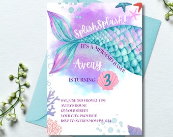 Mermaid Birthday Invitation - Purple and Blue - Splish Splash - Little Mermaid - Editable