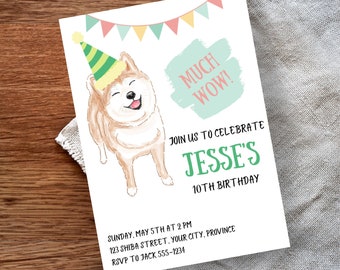 Shiba Inu Birthday Invitation - Dog Birthday Invitation - Much Wow -Doge - Editable