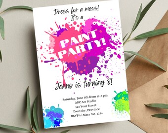 Paint Party Birthday Invitation - Pink Paint - Art Party - Dress for a Mess - Splatter Party - Editable