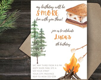 S'mores Birthday Invitation - Camping Party - Campfire - Bonfire - Nature Forest Party - Editable