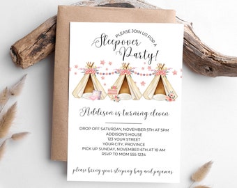 Boho Teepee Sleepover Birthday Invitation - Minimalist Sleepover Invitation - Slumber Party Invitation - Tent Sleepover - Editable