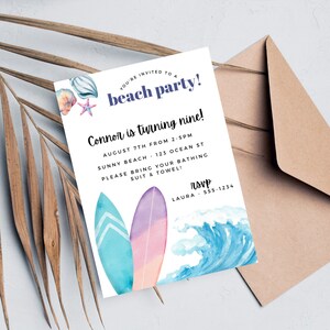 Beach Birthday Party Invitation - Surf Party - Surfboard - Editable