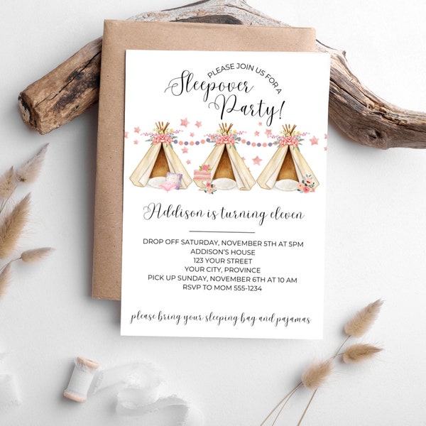 Boho Teepee Sleepover Birthday Invitation - Minimalist Sleepover Invitation - Slumber Party Invitation - Tent Sleepover - Editable