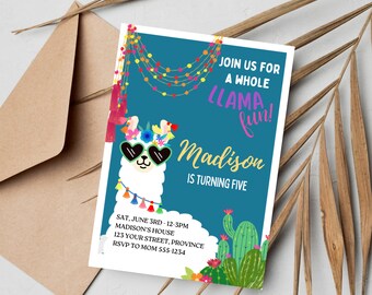 Llama Birthday Invitation - Whole Llama Fun - Llama Theme Party Invitation - Editable