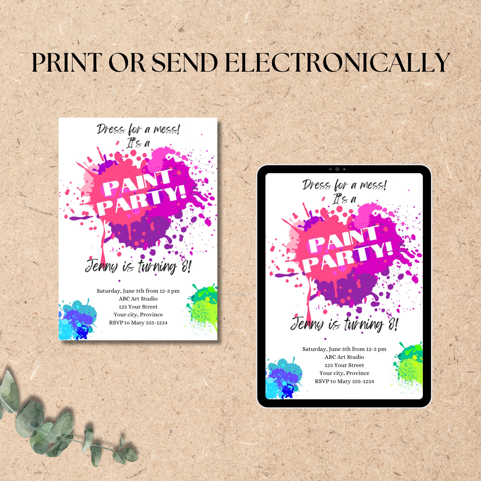 open lace back dress Customizable Painting Party Invitation | Dress For A Mess Art Themed Birthday  Party Invite main image 0