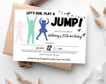 Trampoline Birthday Party Invitation - Jump Party Invitation - Bounce House Party - Let's Run, Jump and Play - Gender Neutral - Editable
