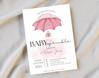 Pink Baby Sprinkle Invitation - Pink Umbrella Baby Sprinkle - Baby Shower Invitation - Girl Baby Sprinkle - Editable