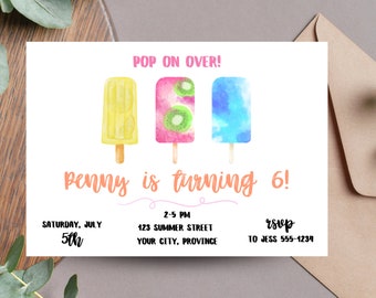 Popsicle Birthday Invitation - Pop on Over Invitation - Summer Birthday Invitation - Pool Party - Editable