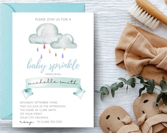 Rain Cloud Baby Sprinkle Invitation - Baby Shower Invitation - Blue Baby Sprinkle - Editable