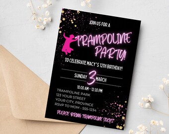 Trampoline Birthday Party Invitation - Jump Party Invitation - Bounce House Party - Pink Girl Trampoline Invitation - Editable