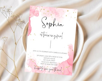 Pink and Gold Watercolor Birthday Invitation - Pink Ombre - Pink Watercolor Splash - Girls Birthday Invitation - Editable
