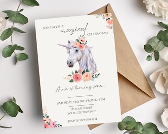 Unicorn Birthday Invitation - Watercolor Unicorn Invitation - Simple Modern Unicorn Birthday Party Invite - Girl's Birthday - Editable