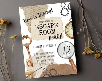 Escape Room Birthday Invitation - Mystery Invitation - Detective Theme Invitation - Time is Ticking - Editable