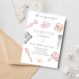 May include: A watercolour invitation card with baking illustrations. The card features the text "Let's mix up some fun!" and "Charlotte is turning 8." It includes images of baking tools and a bag of flour.