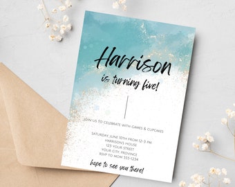 Blue Watercolor Birthday Invitation - Blue Ombre - Blue Watercolor Splash - Gender Neutral - Editable