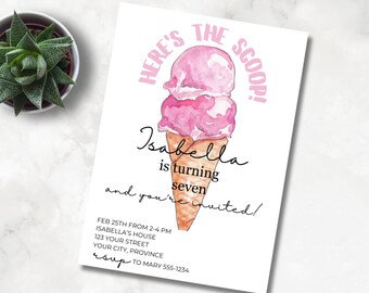 Ice Cream Cone Birthday Invitation - Here's the Scoop Invitation - Editable