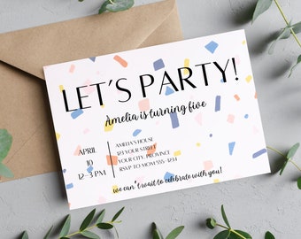 Confetti Birthday Invitation - Confetti Party Invitation - Let's Party - Gender Neutral Invitation - Kids Invitation - Editable