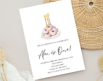 Donut Invitation Minimalist - Birthday Donuts Invite - Baking Birthday Party Invite - Boy Girl Invitation - Editable