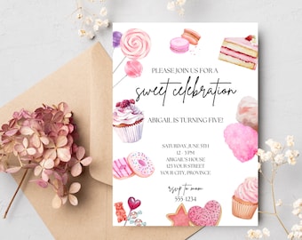 Sweet Celebration Birthday Party Invitation - Sweets Candy Watercolour - Editable