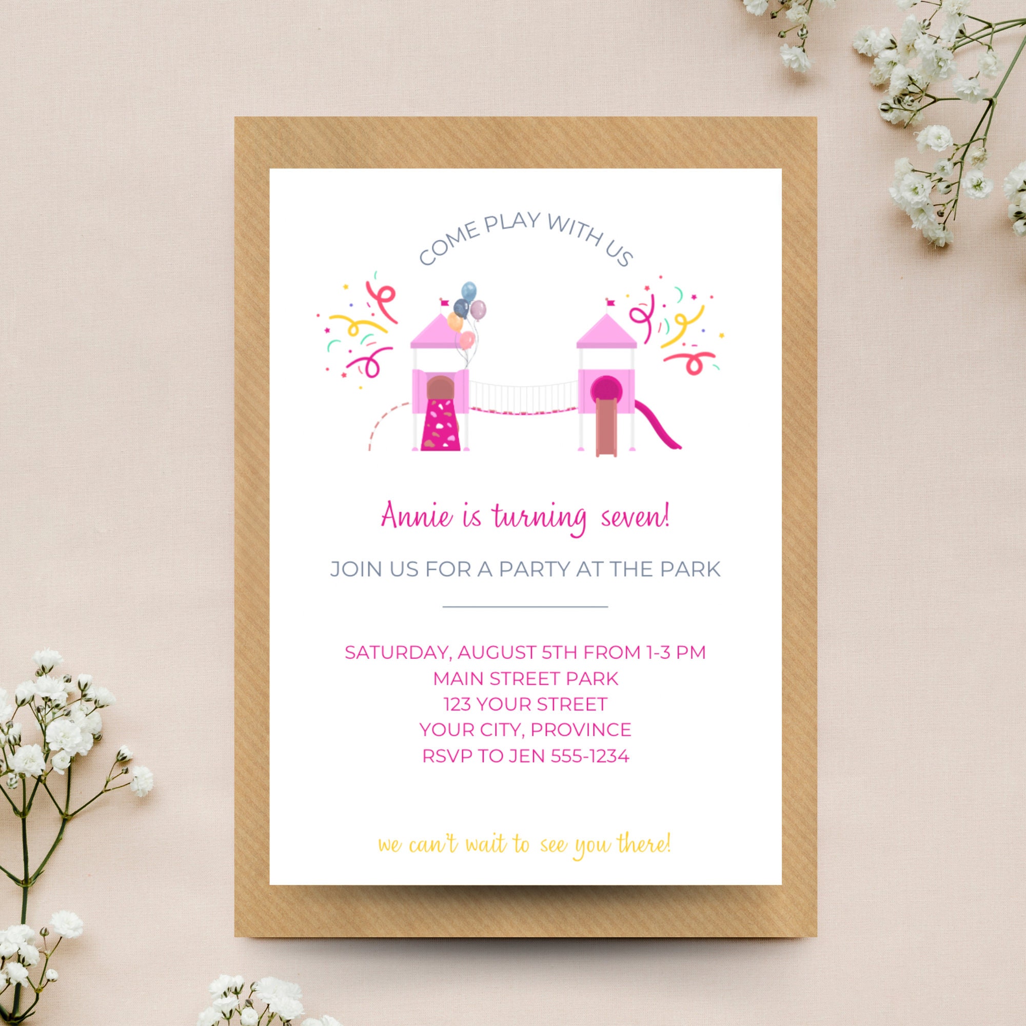 Playground Birthday Invitation - Park Birthday Invitation - Play with Us - Girls Invitation - Pink Invitation - Editable