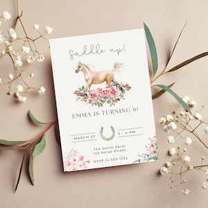 Horse Birthday Invitation - Pony with Flowers Birthday Invitation - Saddle Up - Girl Horse - Editable