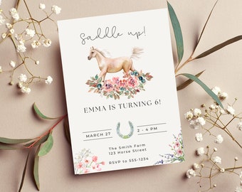 Paard verjaardagsuitnodiging - Pony met bloemen verjaardagsuitnodiging - zadel omhoog - meisje paard - bewerkbaar