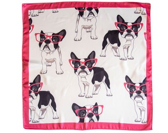 Satin Neckerchief with French Bulldog Pattern and Pink Glasses