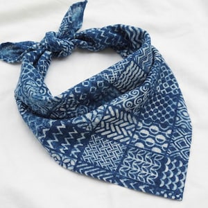 Indigo Cotton Bandana: Patchwork Block Print Boho Scarf