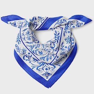 Blue and White Floral Satin Bandana: Baroque Print Neck Scarf