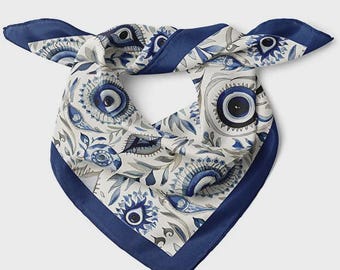 Evil Eye Satin Bandana: Blue Floral Scarf, Protective Amulet (48x48cm)