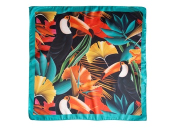 Satin neckerchief and square shape, Toucan Bird and Tropical Plant