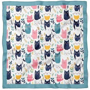 Cute Cat Satin Bandana - Adorable Multicolor Cat Print Scarf with Teal Border, Playful Animal Lover Accessory, 48x48cm Square Scarf