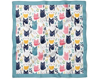 Satijnen sjaal met kattenprint: veelkleurige dierenbandana (48 x 48 cm)