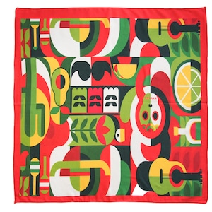 May include: Red bandana with a colorful geometric pattern featuring a skull, guitar, lime, and other abstract shapes.