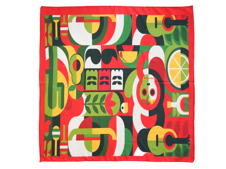 May include: Red bandana with a colorful geometric pattern featuring a skull, guitar, lime, and other abstract shapes.