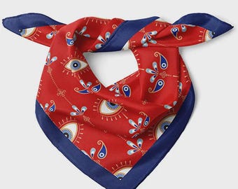 Pañuelo de satén con diseño de ojo malvado: pañuelo floral rojo con borde azul marino, pañuelo turco de 48 x 48 cm