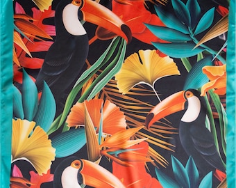 Sjaal tropische toekansatijnen: groenblauwe rand junglebandana (46 x 46 cm)