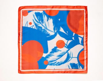 Abstract Satin Bandana: Blue Orange Minimalist Scarf, 46cm
